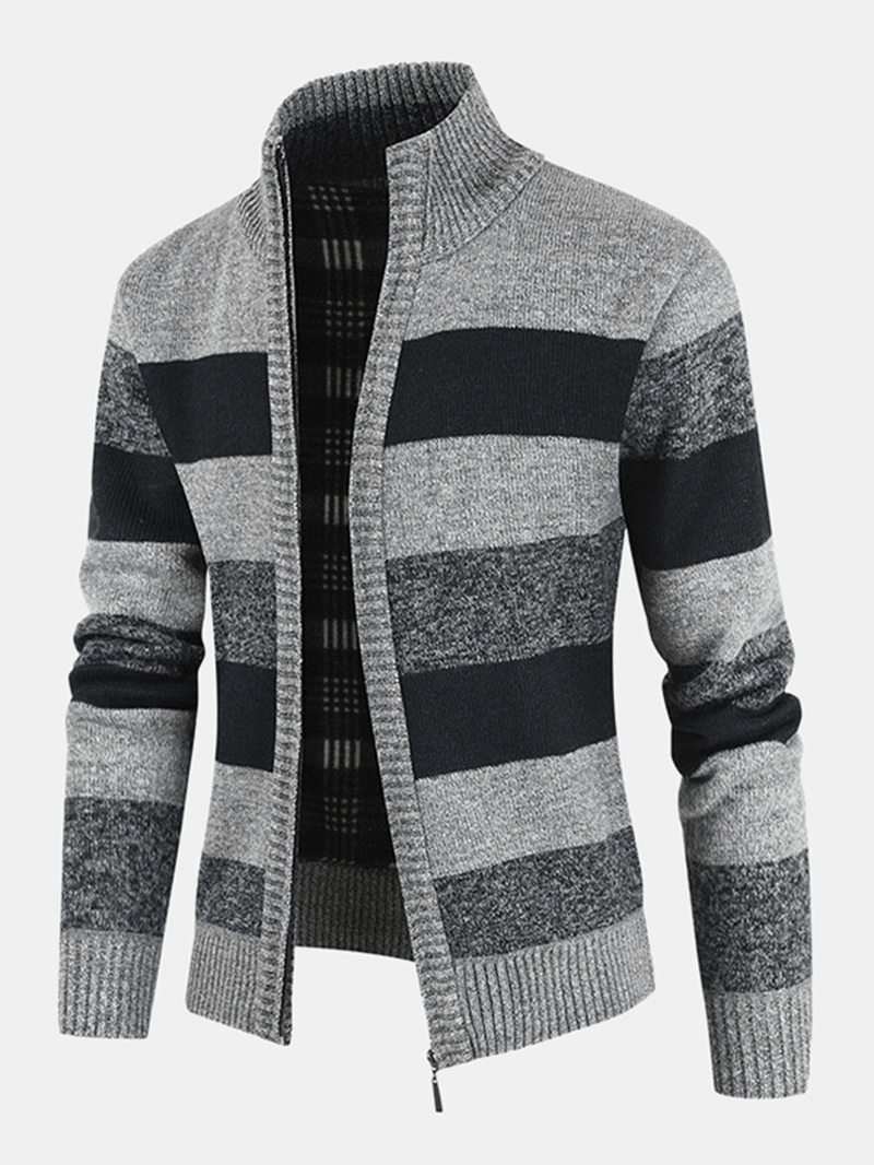 Mens Striped Graphics Knitting Zipper Warm Long Sleeve Sweater Jacket - MRSLM