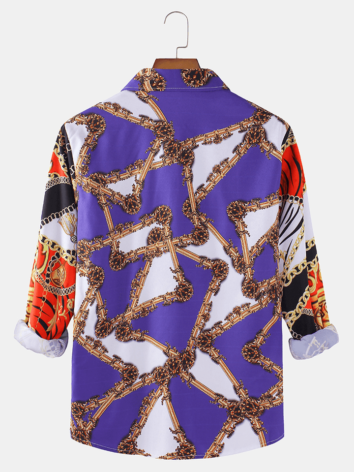 Design Chain Print Patchwork Long Sleeve Ethnic Shirts - MRSLM