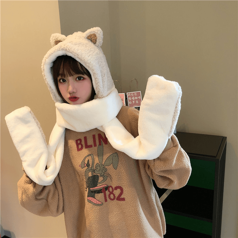 Cute Cat Ears Color Matching Plush Hooded Scarf - MRSLM