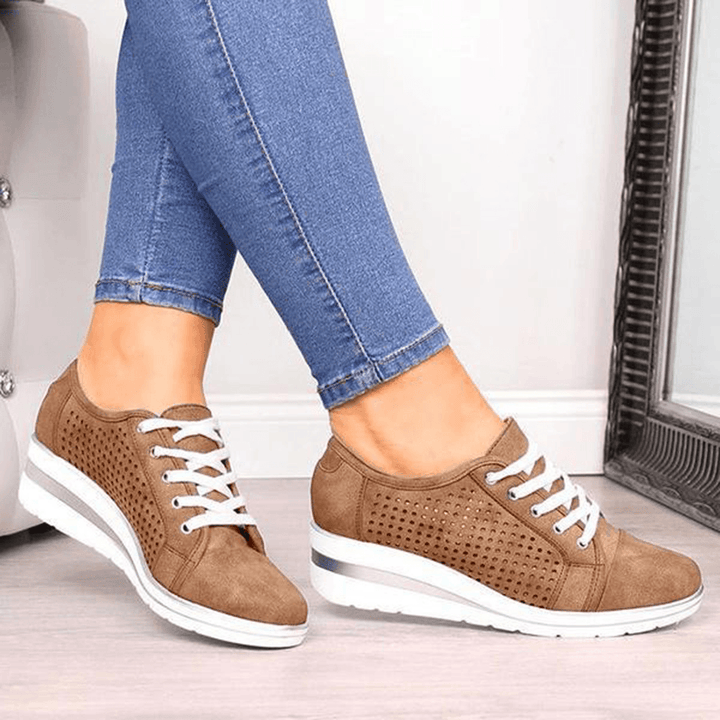 Large Size Women Casual Solid Color round Toe Lace up Wedges Loafers - MRSLM