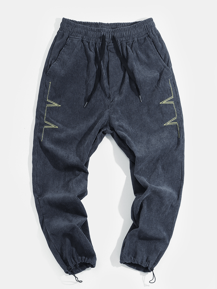 Mens Embroidery Corduroy Drawstring Jogger Pants with Pocket - MRSLM