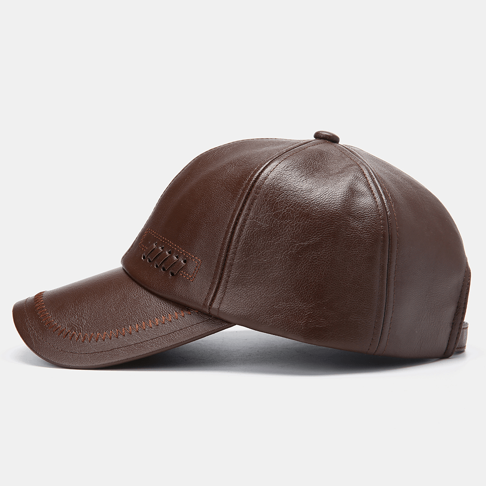 Collrown Mens Leather Baseball Cap Outdoor Warm Trucker Adjustable Hats - MRSLM