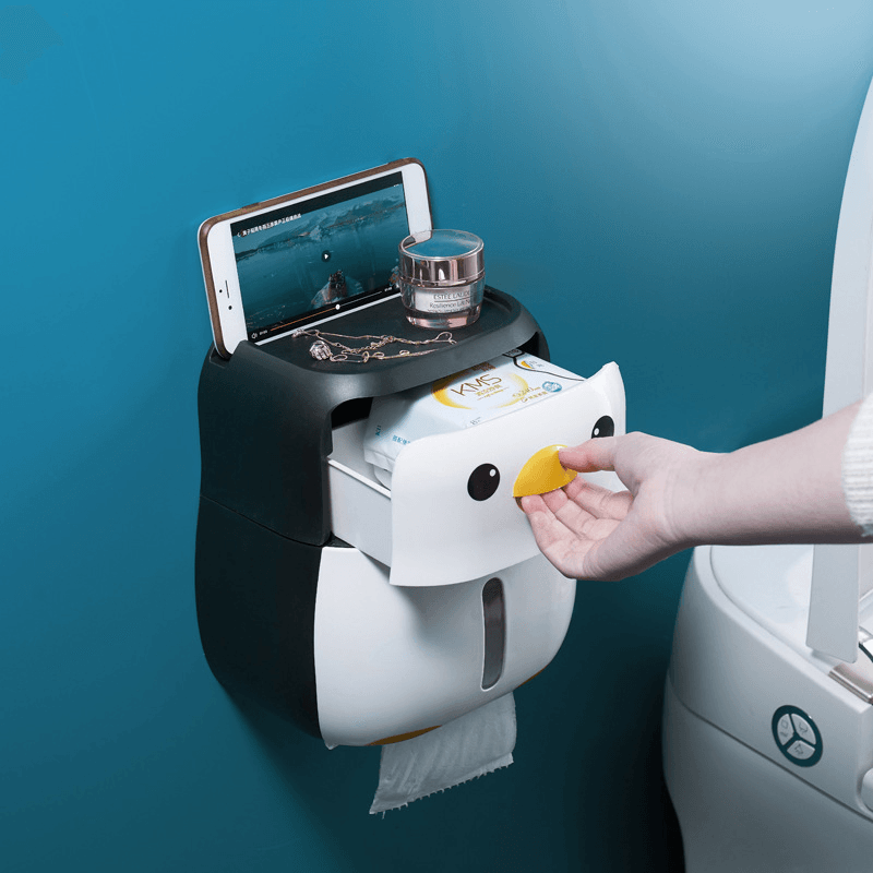 Portable Toilet Paper Holder Penguin Tissue Box Wall Mounted Roll Paper Bathroom Waterproof Storage Shelf - MRSLM