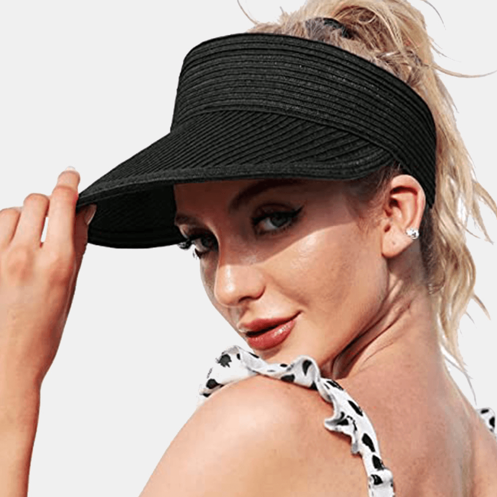 Women Straw Solid Color Empty Top Outdoor Sunscreen Breathable Casual Straw Hat Baseball Cap - MRSLM