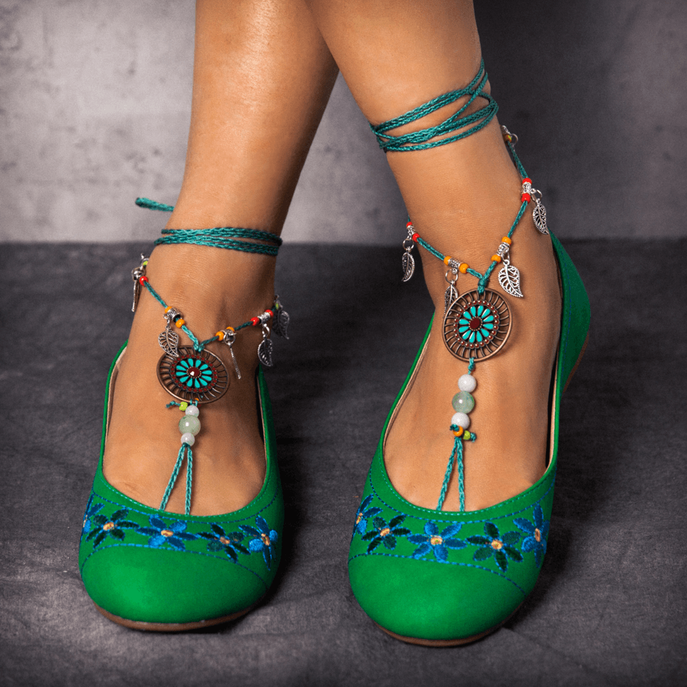 LOSTISY Beaded Chain Exotic Style Flower Embroidered Casual Green Loafers - MRSLM