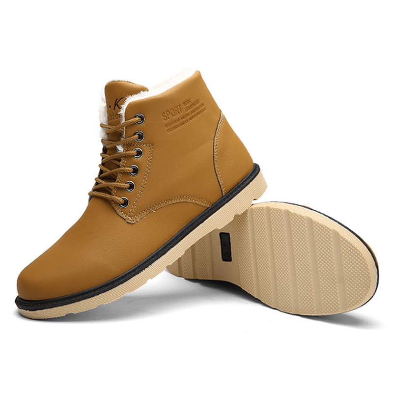 Men Comfortable Warm Fur Lining Leather Laces up Boots Shoes - MRSLM