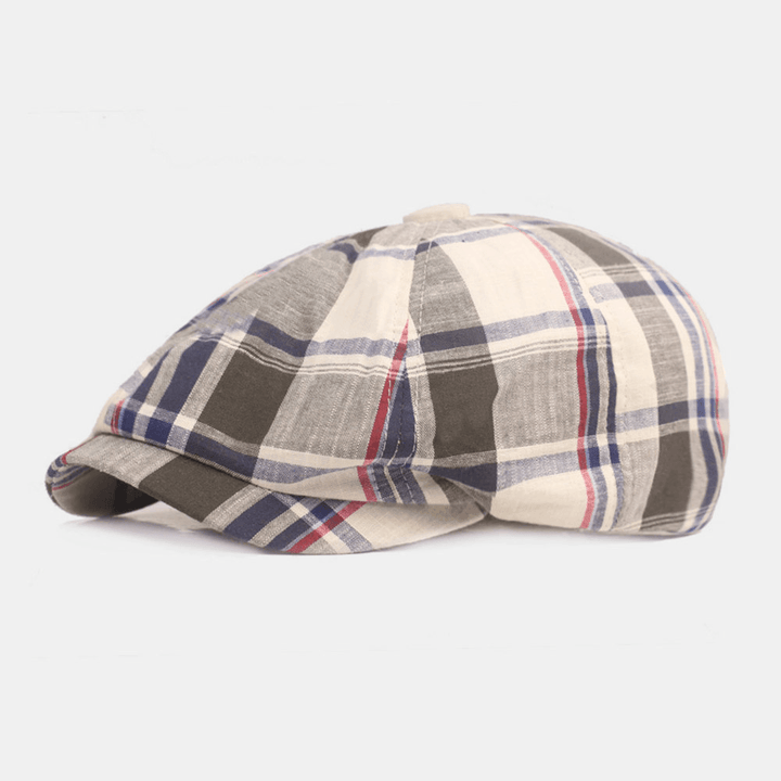 Unisex Cotton Beret Cap Plaid Pattern Casual Retro Sunshade Newsboy Hat Forward Cap Octagonal Hat - MRSLM