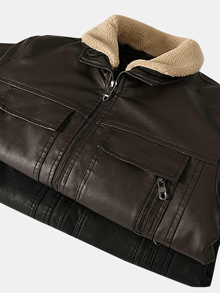 Mens PU Leather Thicken Zip Front Lapel Collar Jackets with Flap Pockets - MRSLM