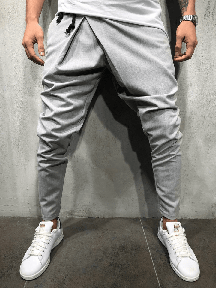 Men's Casual Pants with Drawstring Waist and Asymmetrical Hem - MRSLM