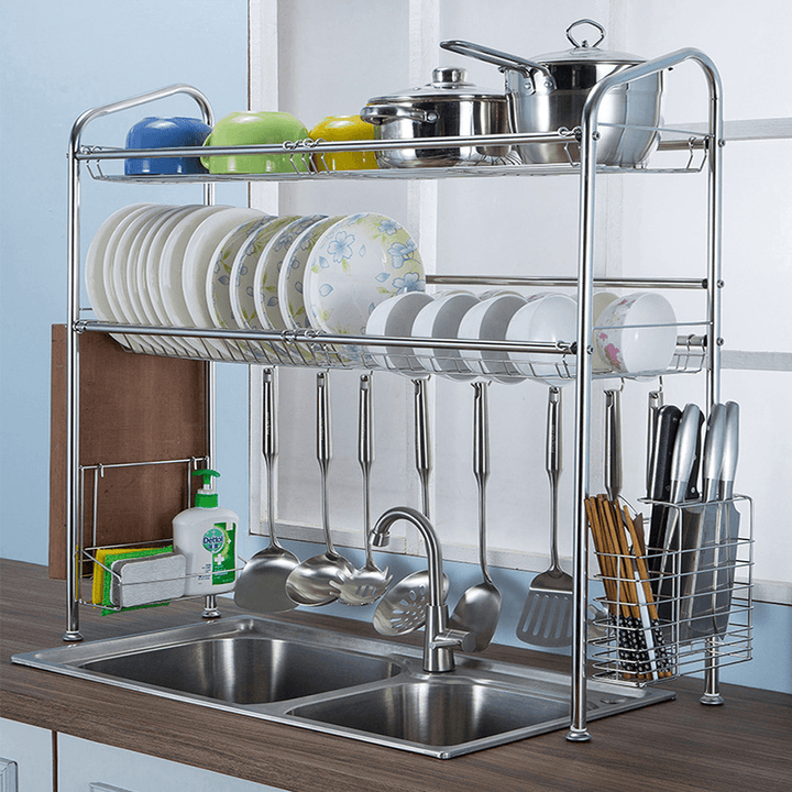 1/2 Layer Tier Stainless Steel Dish Drainer Cutlery Holder Rack Drip Tray Kitchen Tool for Single Sink - MRSLM