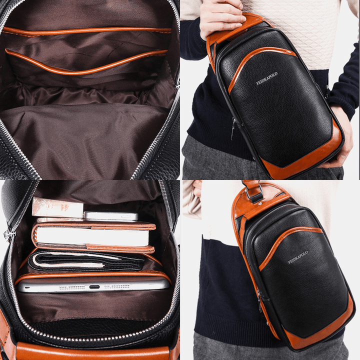 Men Leather Patchwork Casual Large Capacity Anti-Theft Chest Bag Crossbody Bag Shoulder - MRSLM