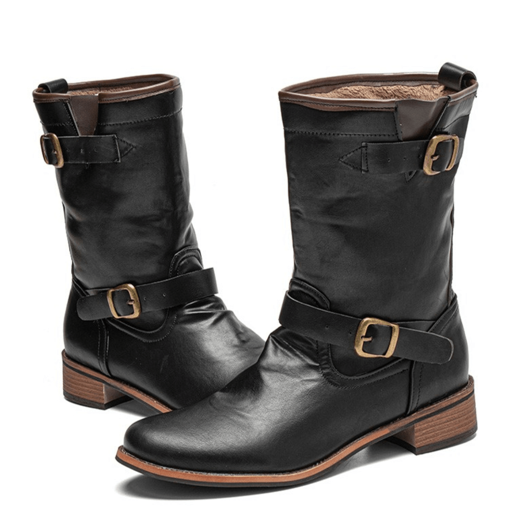 Men Leather Retro round Toe Non Slip Comfy Slip on Solid Casual Martin Boots - MRSLM