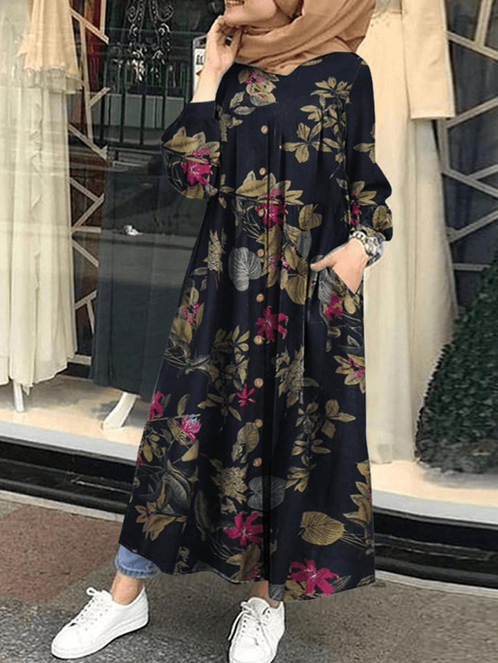Floral Leaf Printed Button down Front Kaftan Tunic Maxi Dress with Side Pockets - MRSLM