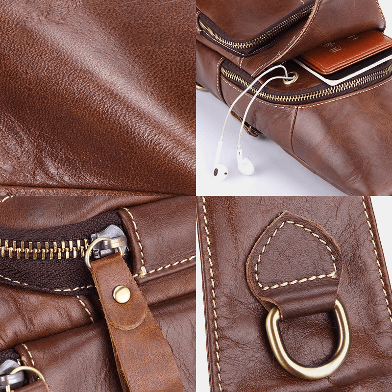 Men Genuine Leather Retro Business Casual Solid Color Leather Shoulder Bag Crossbody Bag Chest Bag - MRSLM