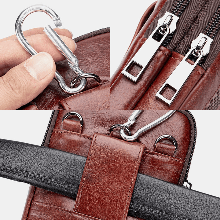 Men Genuine Leather Retro Business Casual Solid Color Leather Cowhide Multi-Carry Waist Bag Crossbody Bag - MRSLM