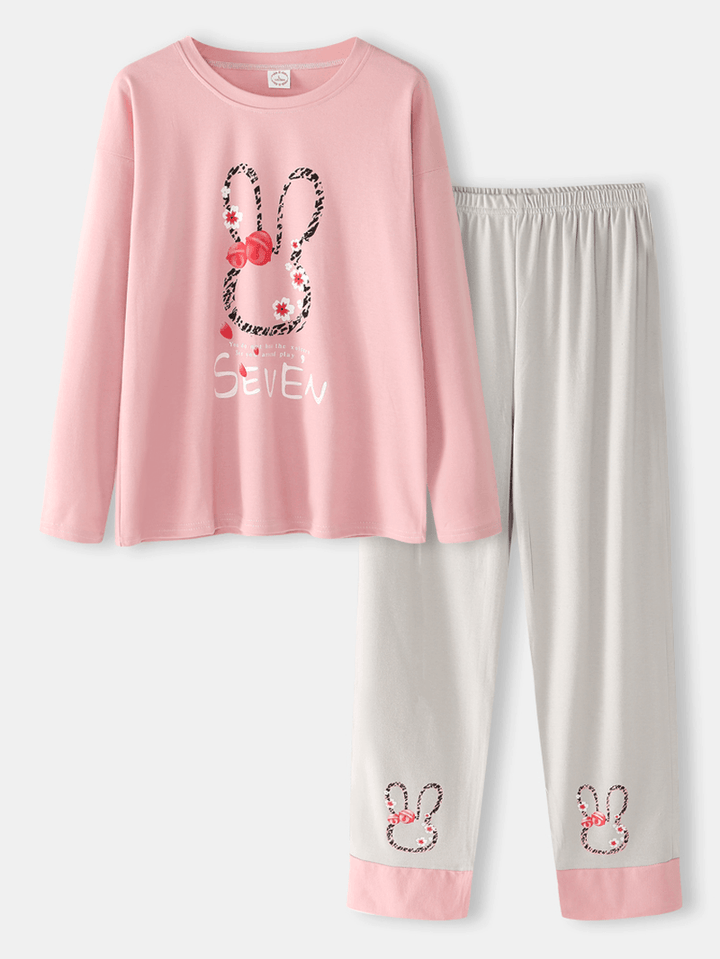 Women Letter Print Cartoon Rabbit Pattern Pullover Pocket Gery Pants Home Cute Pajama Set - MRSLM