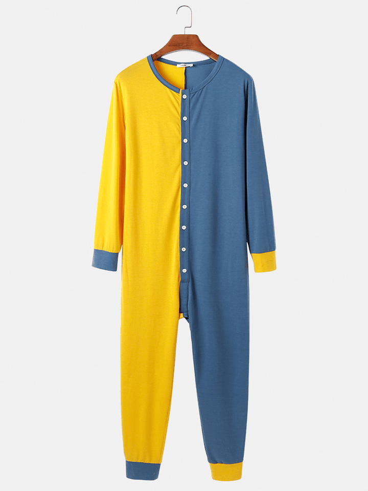 Mens Contrast Color Patchwork Button up round Neck Jumpsuit Home Comfy Lounge One-Piece Pajamas - MRSLM