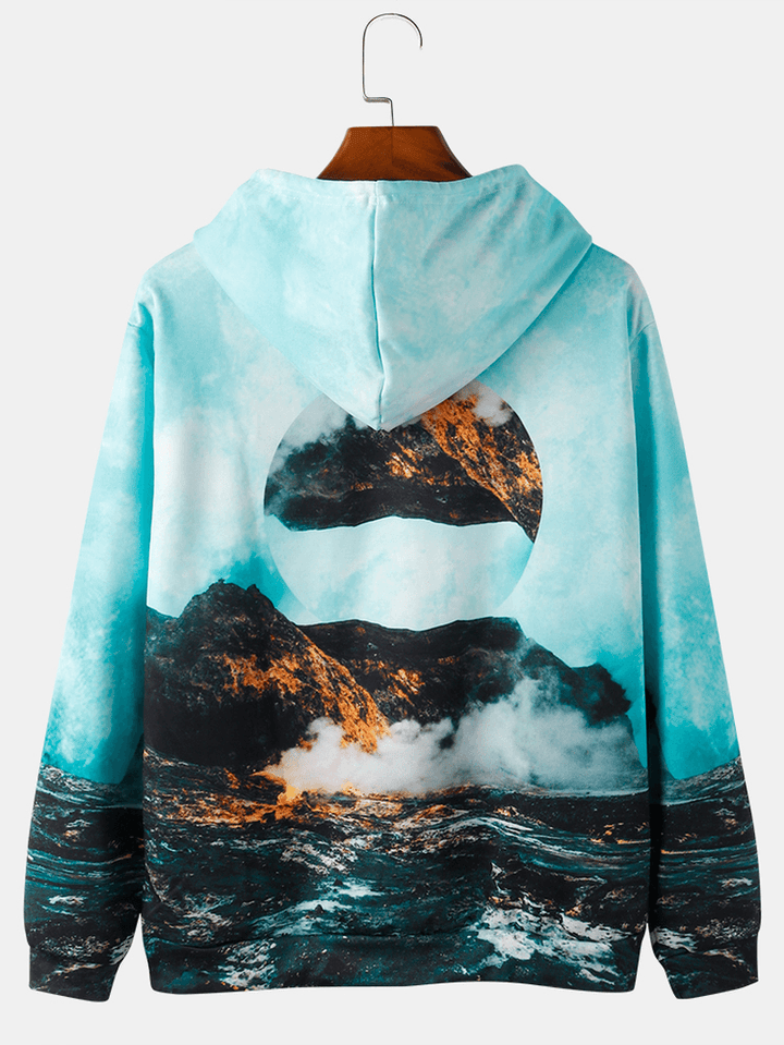 Mens All over Mountain Scenery Print Drawstring Pullover Hoodies - MRSLM