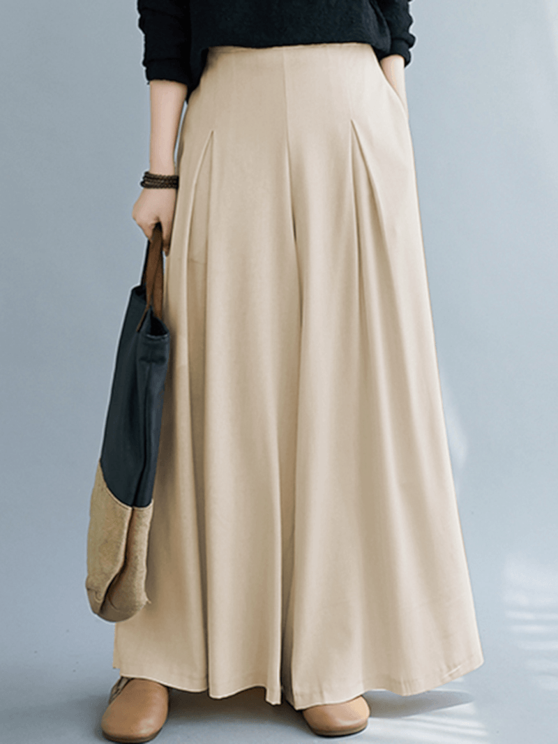 Women's Loose Fit Wide Leg Pants - Solid Color with Pleats, Pockets and Elastic Waist - MRSLM