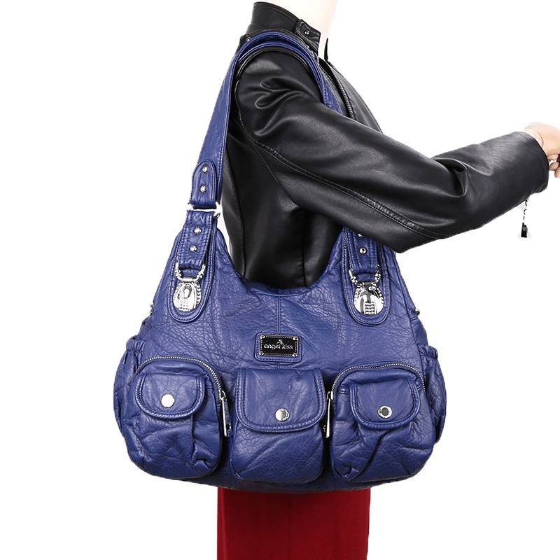 Women Casual PU Leather Multi-Pockets Shoulder Bag - MRSLM
