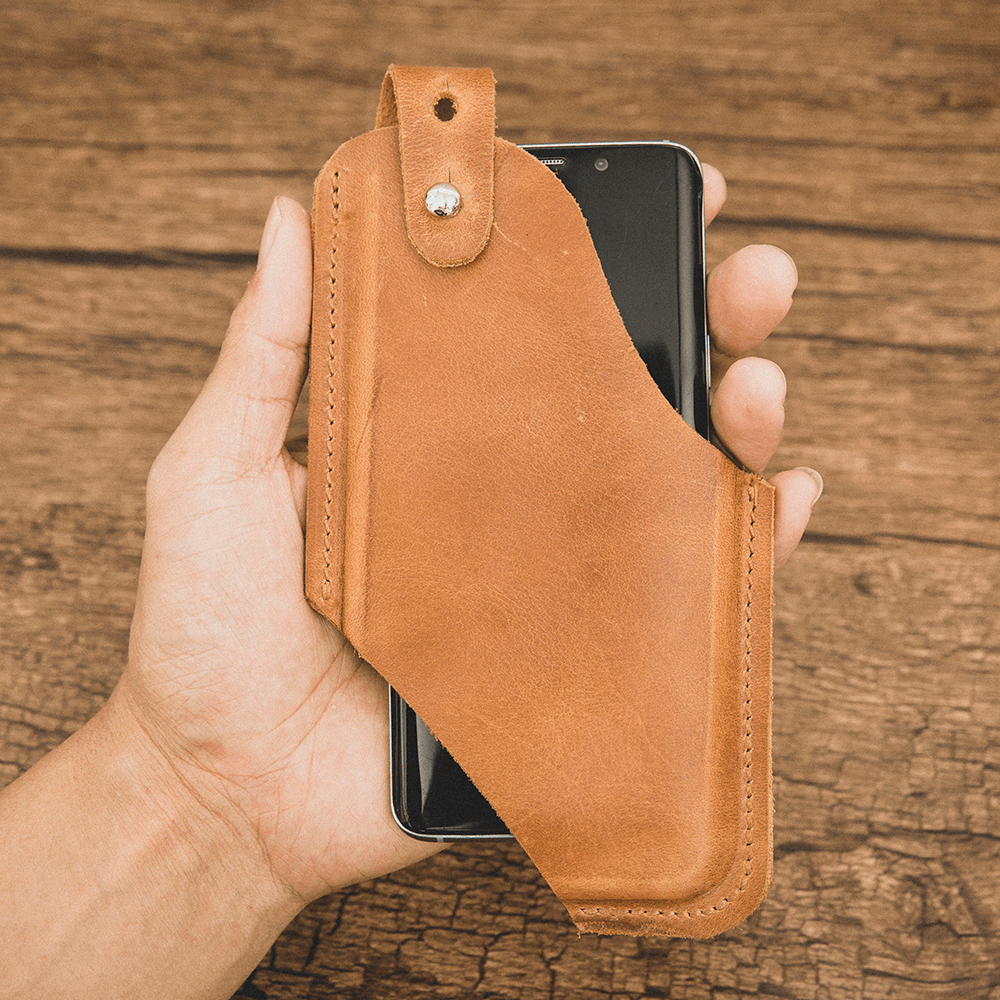 Men Genuine Leather Ultra-Thin Horizontal Tactical 6.5 Inch Phone Bag Belt Sheath - MRSLM