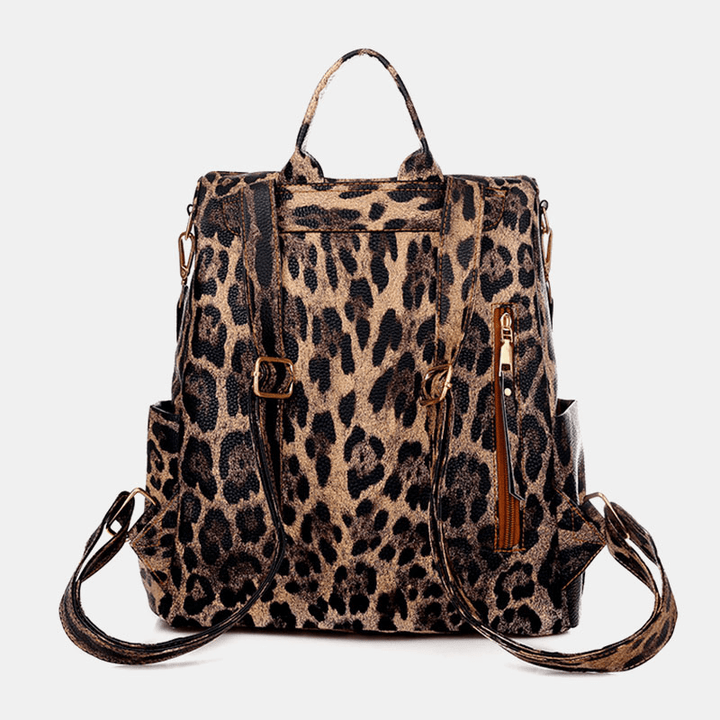 Women Faux Leather Leopard and Flowers Pattern Fashion Casual Backpack - MRSLM