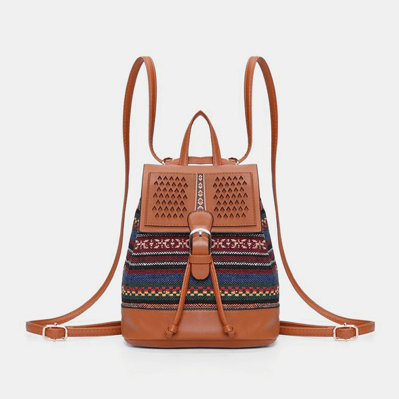 Women Hollow Stitching Ethnic Style Straw Bag Backpack Woven Shoulder Bag Bucket Bag - MRSLM