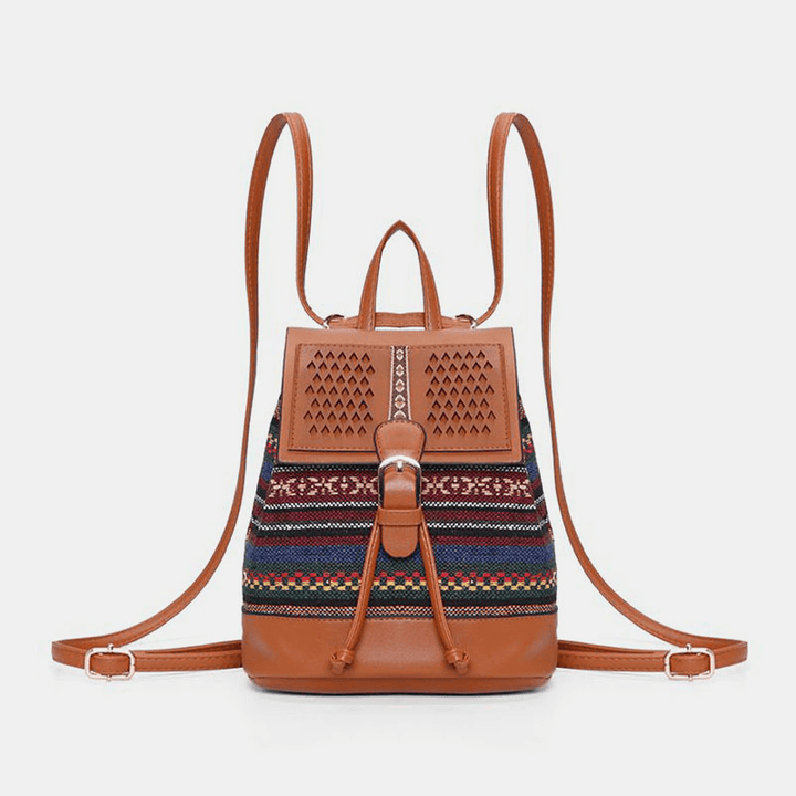 Women Hollow Stitching Ethnic Style Straw Bag Backpack Woven Shoulder Bag Bucket Bag - MRSLM