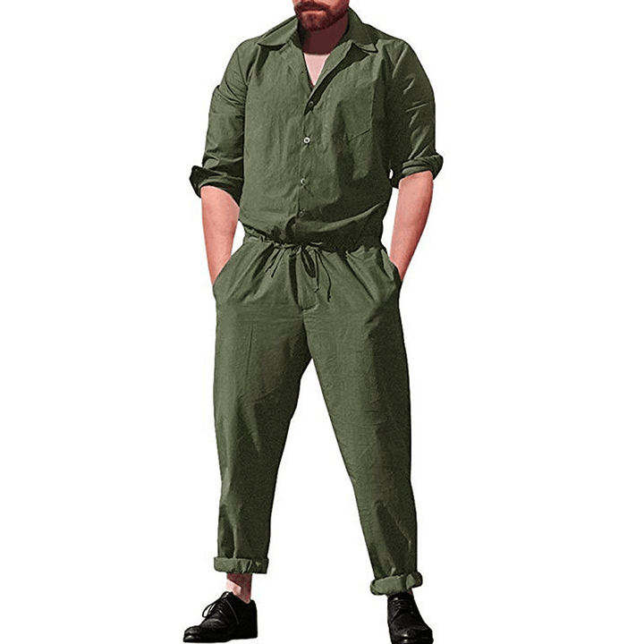 Men Casual Romper Long Sleeve Jumpsuit Stand Collar Military Overalls Cargo Pants - MRSLM