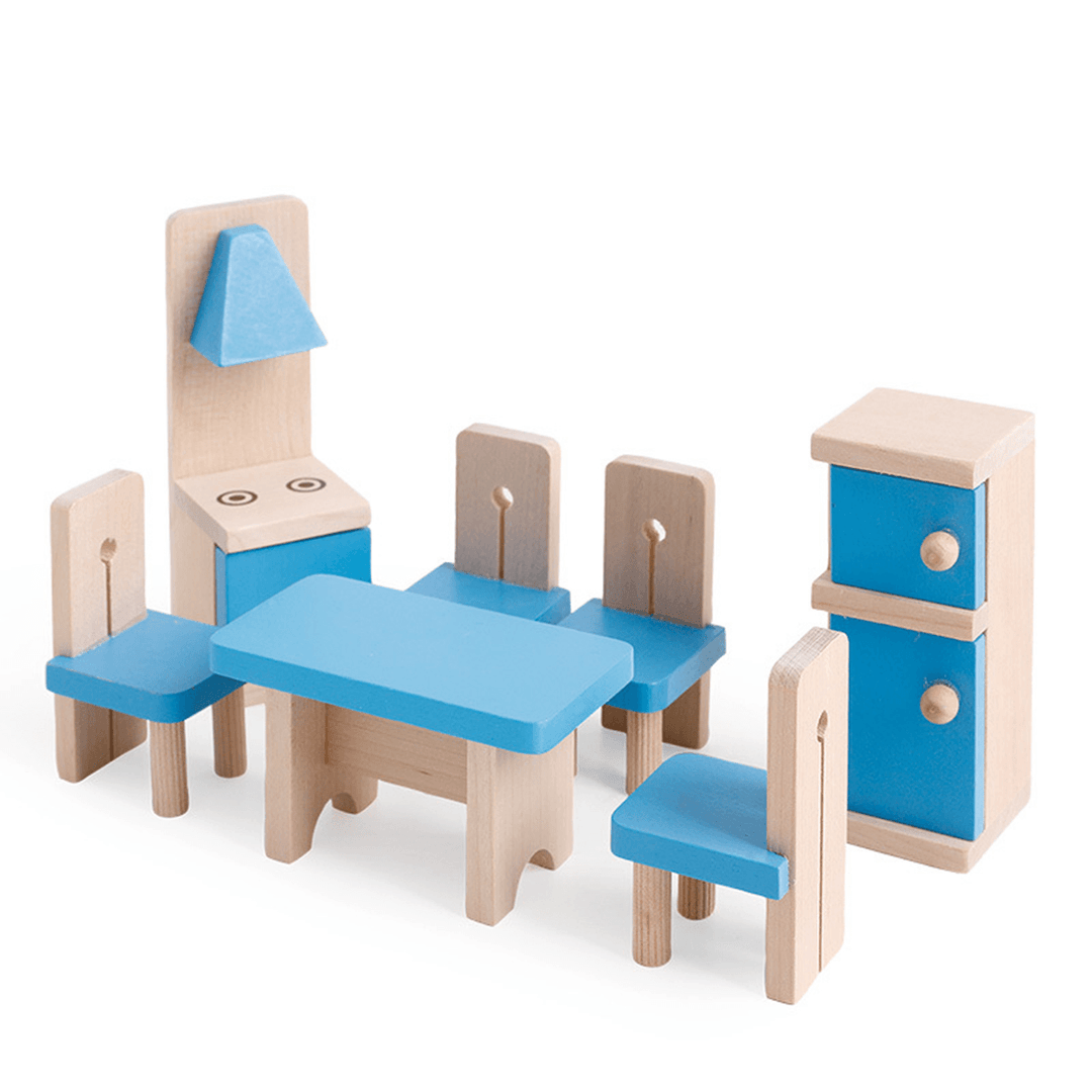 Doll House Miniature Wooden Furniture Bathroom Kitchen Living Room Bedroom Set Kid Toys - MRSLM