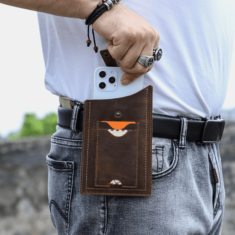 Men EDC Genuine Leather Cowhide 6.5 Inch Phone Bag Belt Sheath Waist Bag - MRSLM