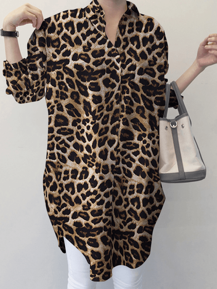 Women Spliced Leopard Printed Side Fork Turn-Down-Collar Button Knee Length Casual Shirts - MRSLM