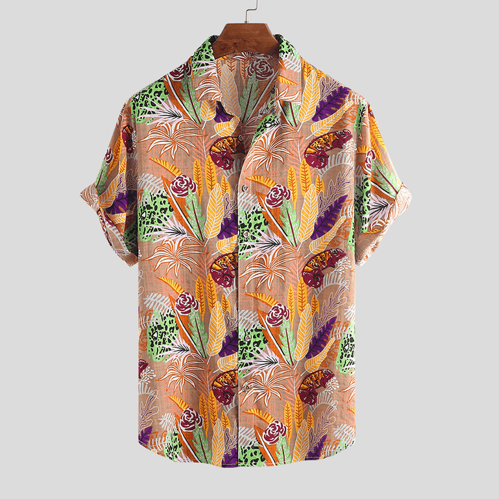 Men Hawaiian Colorful Leaf Printed Short Sleeve Loose Shirts - MRSLM