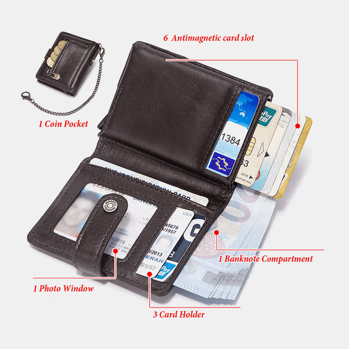 Men Bifold Short RFID Blocking Antimagnetic Wallet First Layer Cowhide 9 Card Slot Card Holder Money Clip - MRSLM