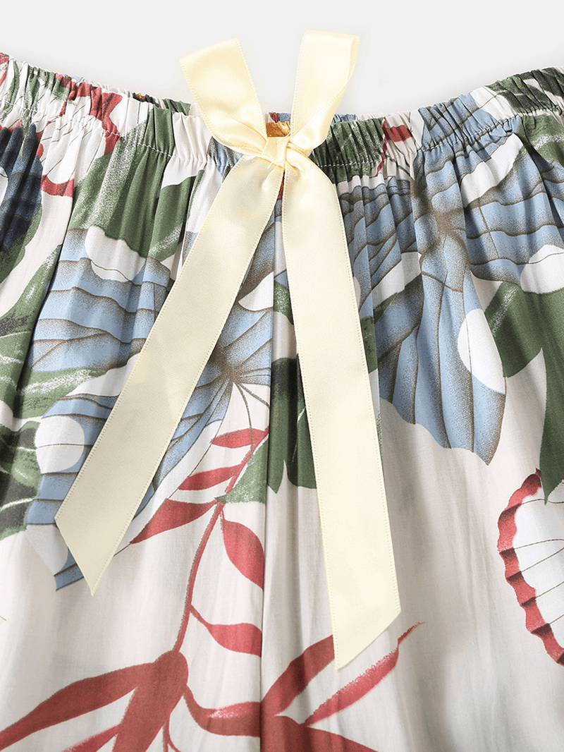 Women Butterfly & Floral Print V-Neck Bow Comfy Long Pajamas Sets Loungewear - MRSLM