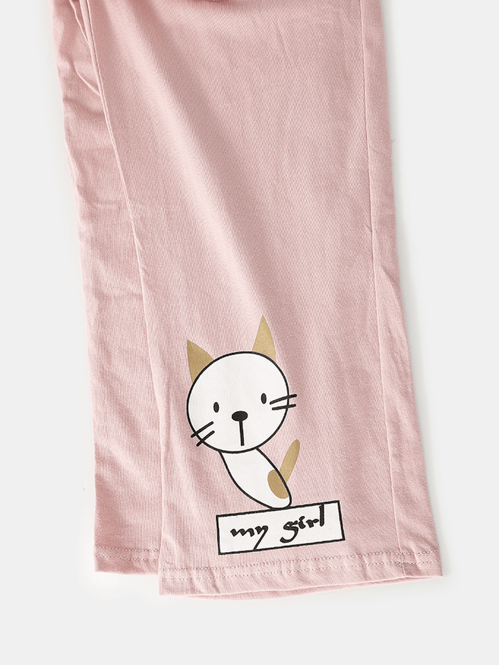 Women Cartoon Cat Print Long Sleeve Pullover Elastic Waist Pocket Pants Pink Home Pajama Set - MRSLM