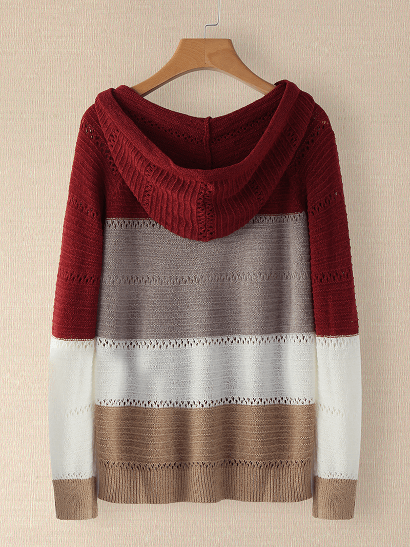 Women Autumn Stripe Print V-Neck Hooded Daily Casual Knitted Sweater - MRSLM