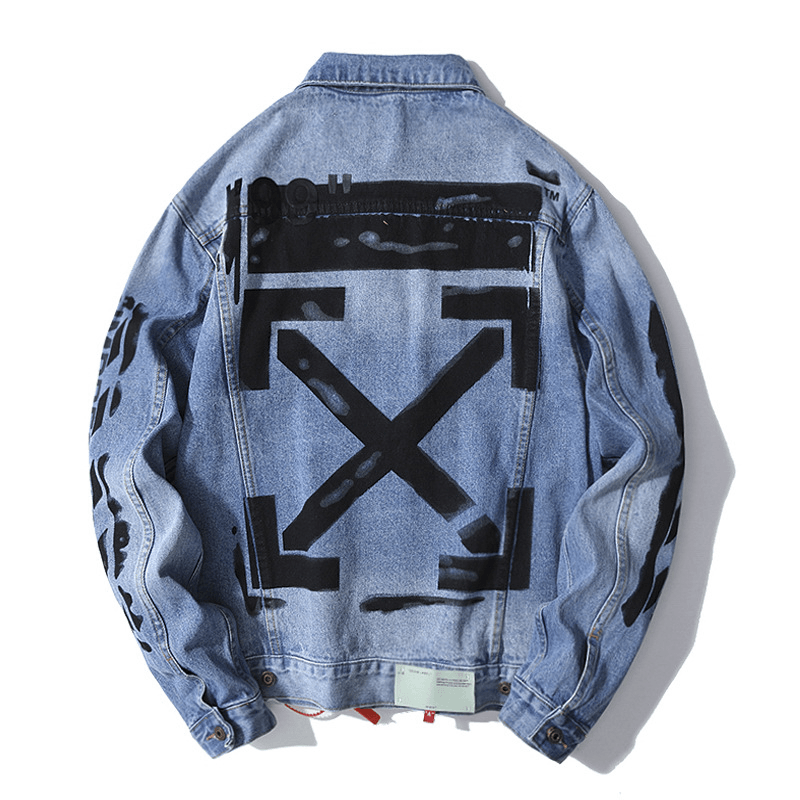 New Men'S Casual Basic Arrow Letter Graffiti Denim Jacket - MRSLM