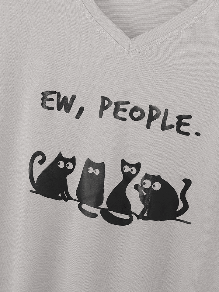 Women Cartoon Cute Cat Slogan Print V-Neck Curved Hem Short Sleeve T-Shirt - MRSLM