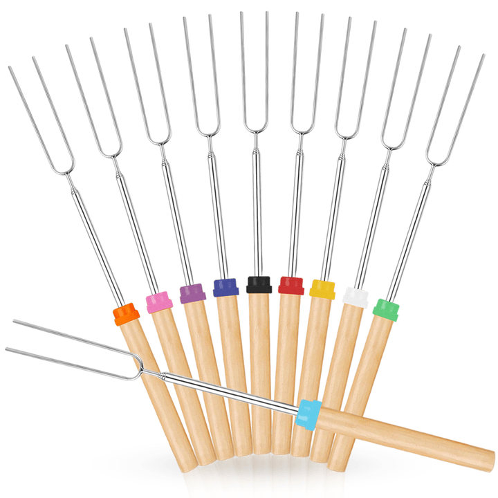 10 Pcs BBQ Fork Stainless Steel BBQ Skewer Wooden Handle BBQ Needle Reusable Barbecue Meat String Grill Fork BBQ Accessories - MRSLM