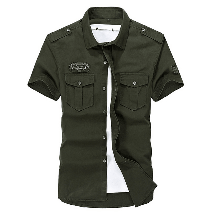 Men plus Size Double Pocket Turn-Down Collar Short Sleeve Cotton Casual Outdoor Shirt - MRSLM