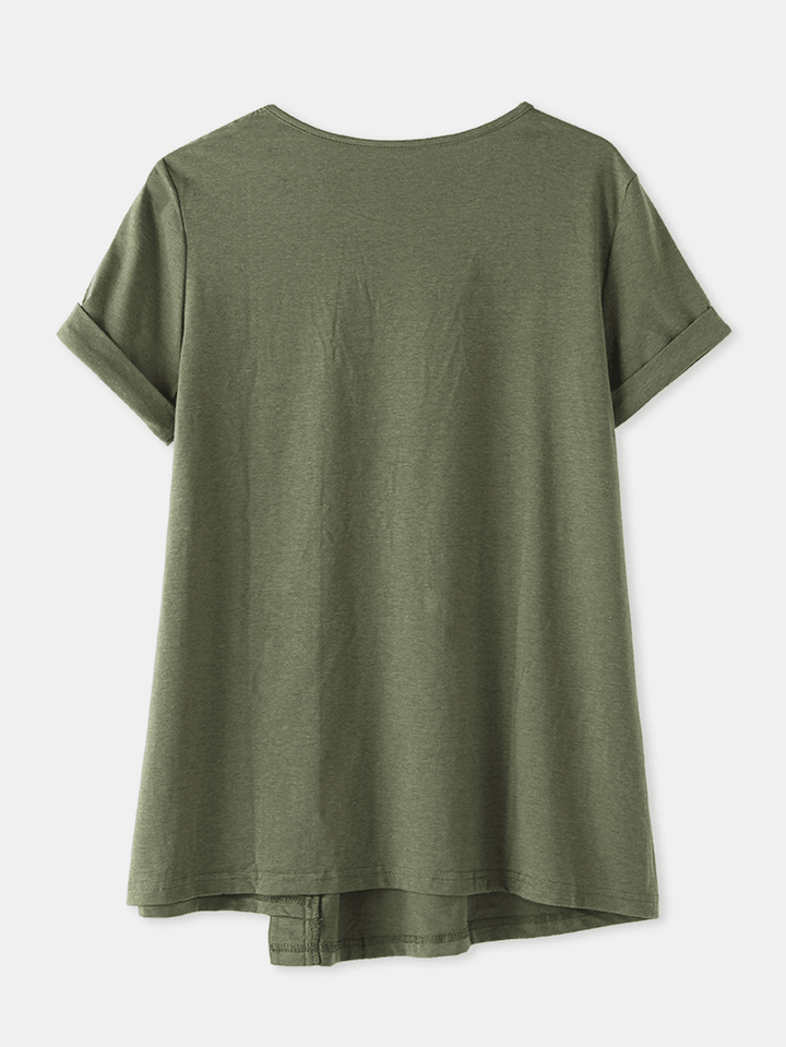 Solid Color O-Neck Button Short Sleeve Casual T-Shirt for Women - MRSLM