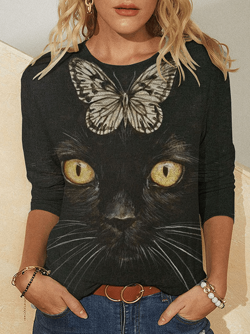 Women Cat Butterfly Print round Neck Casual Long Sleeve Blouses - MRSLM