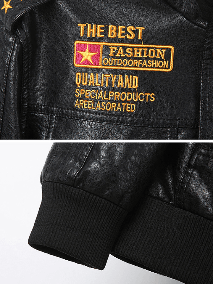 Mens PU Leather Badge Zip Front Biker Jackets with Flap Pockets - MRSLM