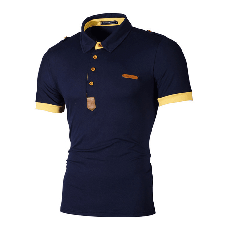 Mens Business Golf Shirt Patchwork Short Sleeve Slim Spring Summer Casual Cotton Tops - MRSLM