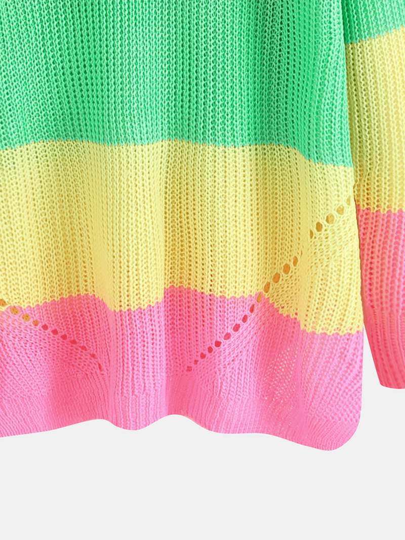 Long Sleeve V-Neck Rainbow Stripe Color Block Sweaters - MRSLM