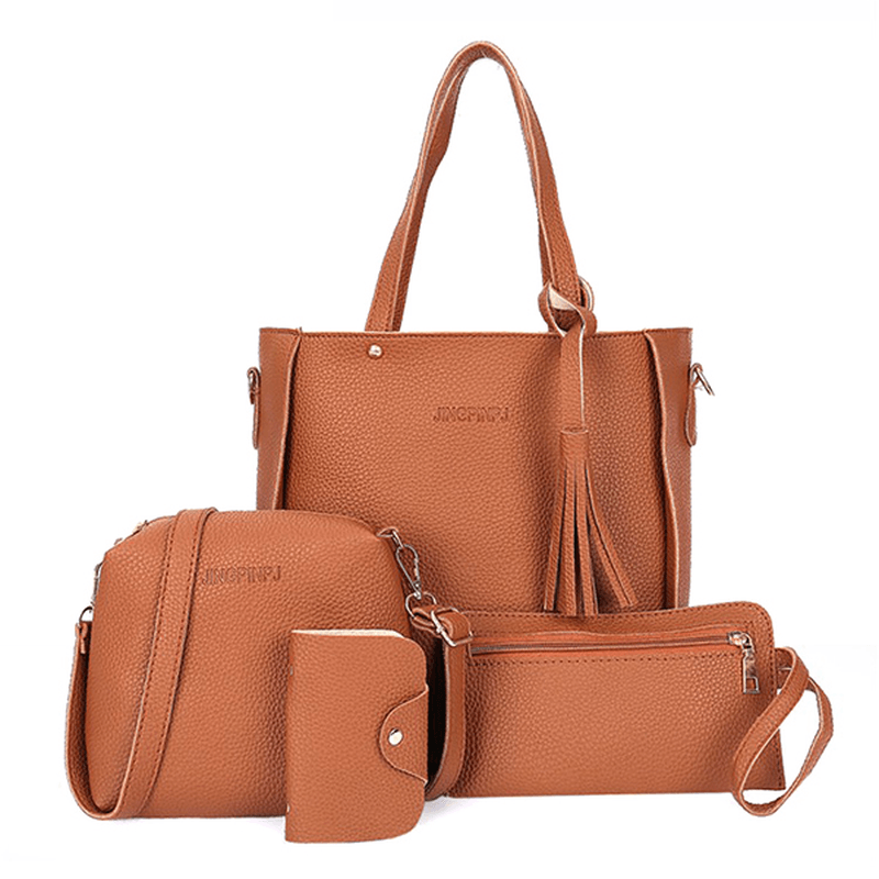 4 PCS Women PU Leather Handbag Tassel Leisure Crossbody Bag Solid Shoulder Bag - MRSLM