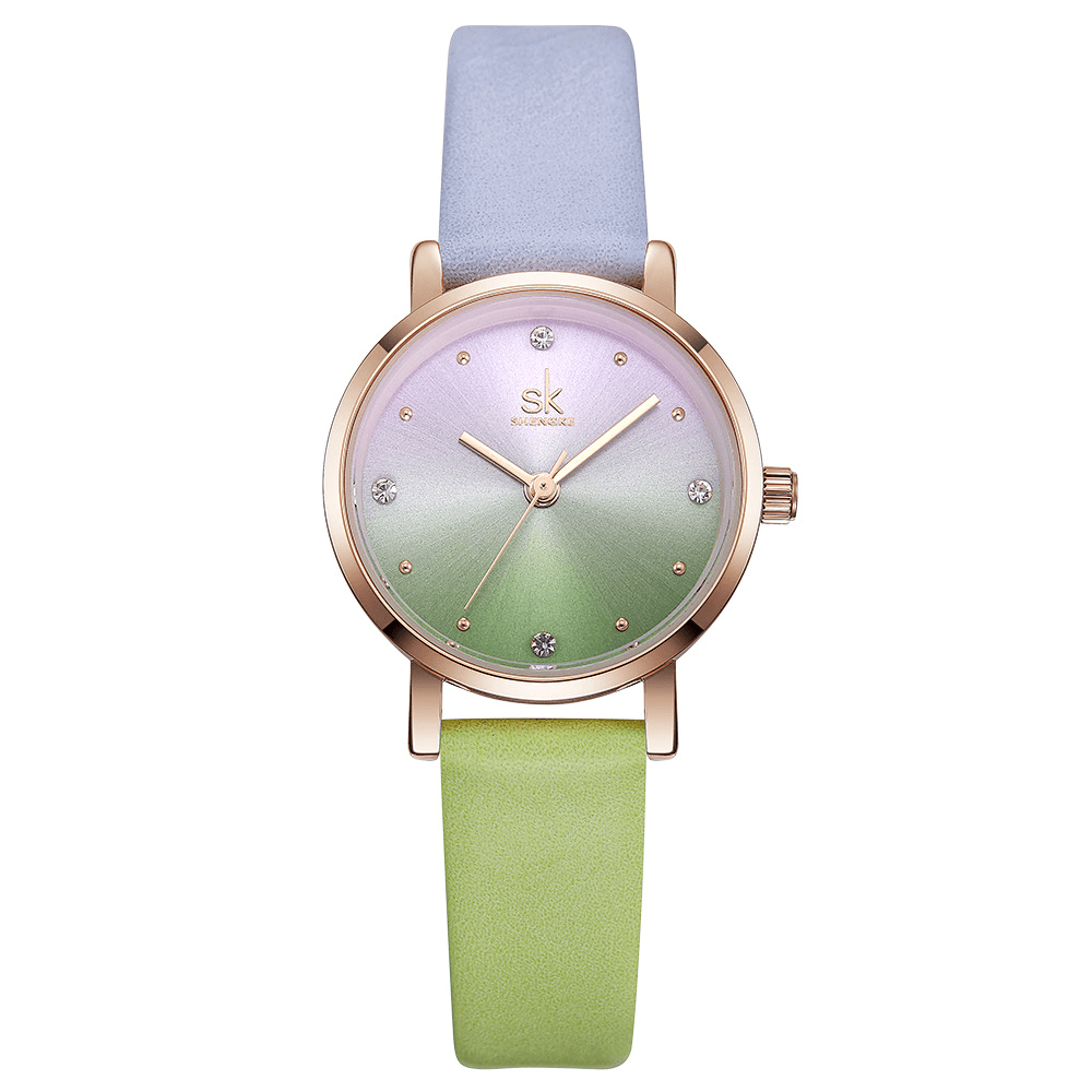 SHENGKE SK K8029 Fashion Color Gradient Leather Strap Luxury Women Crystal Dial Quartz Watch - MRSLM