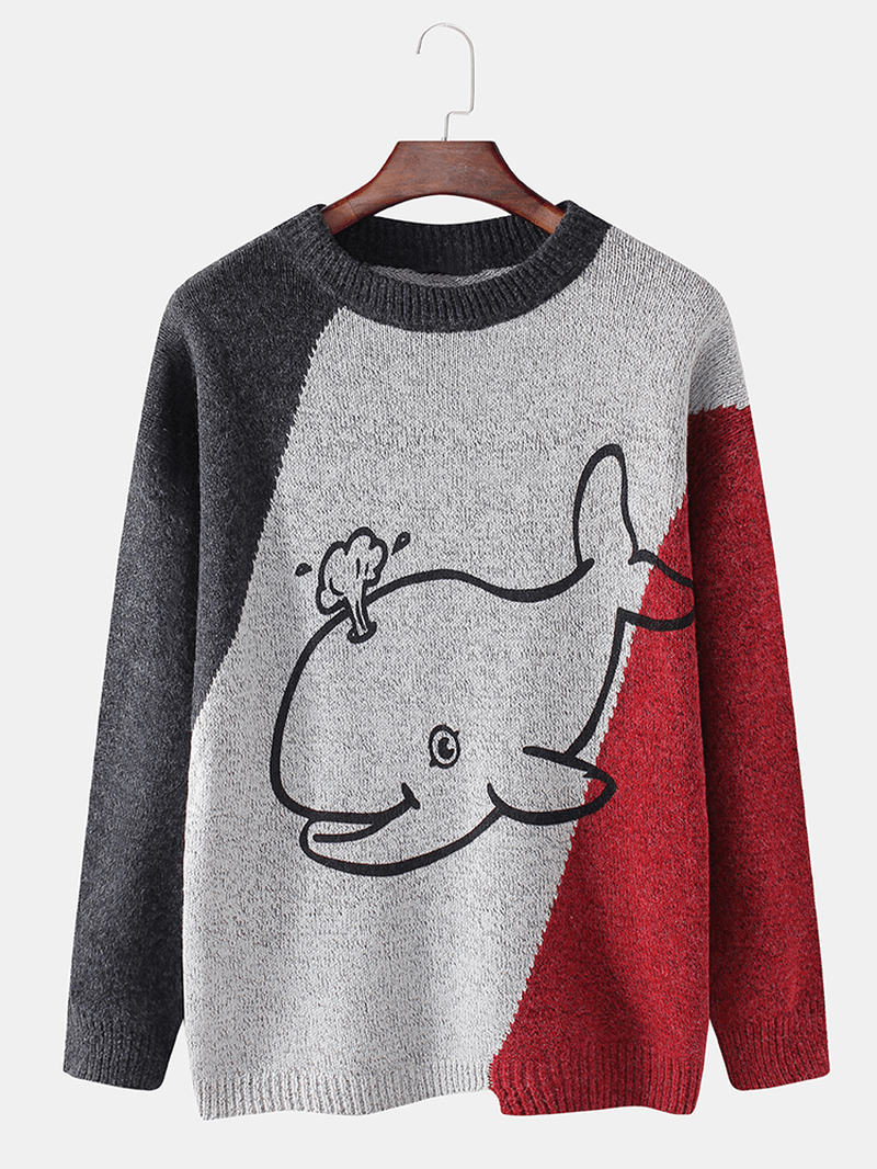 Mens Cartoon Whale Graphics Colorblcok Long Sleeve Cute Knitted Sweaters - MRSLM