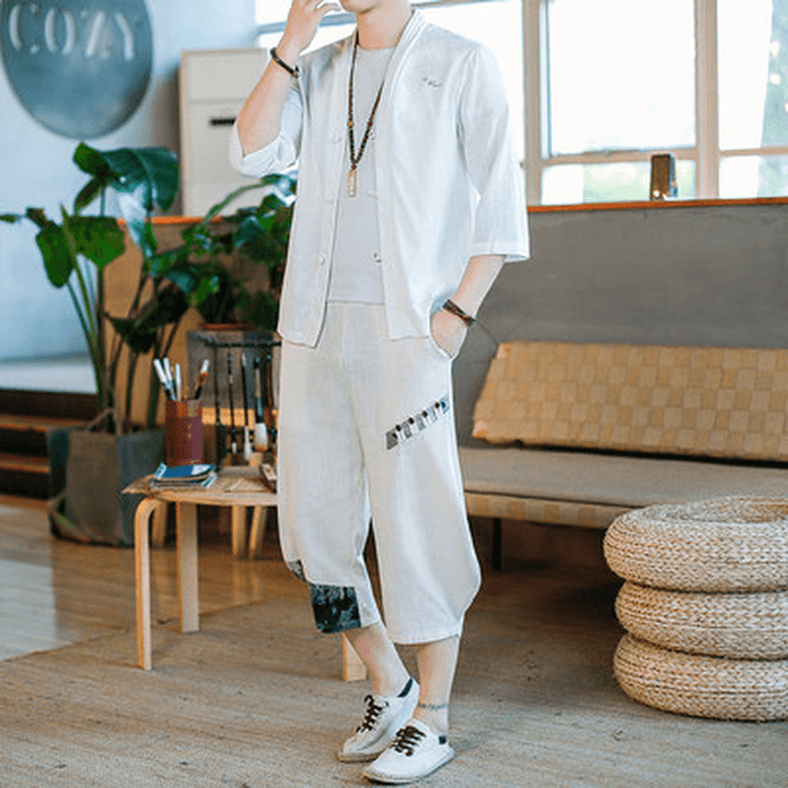 Cotton and Linen T-Shirt Short-Sleeved Trend Tang Suit Cardigan Han Suit Loose Large Size - MRSLM